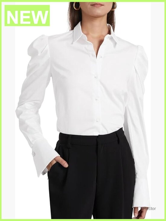 Tops - Women's Poplin Puff Sleeve Blouse with Spread Collar & Button Cuffs